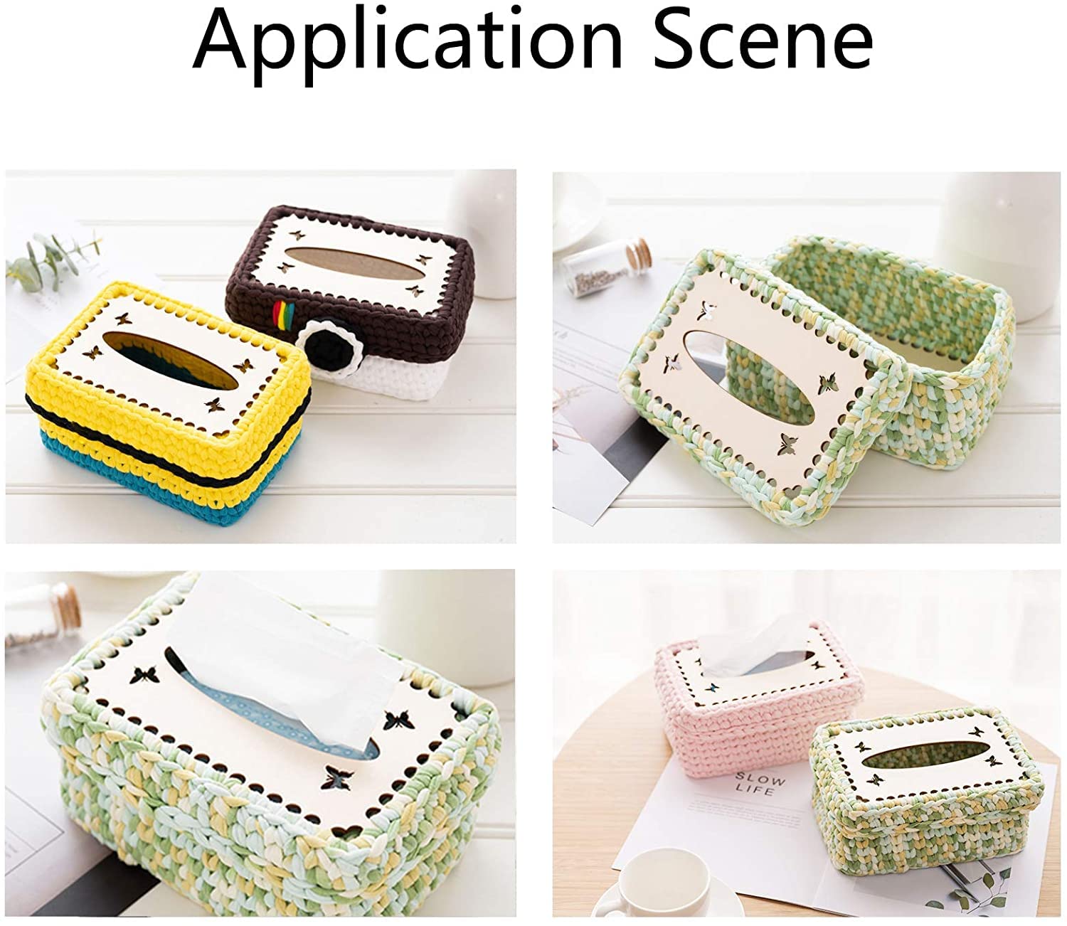 Collage of various colorful tissue boxes with decorative patterns on a white background.