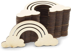 Stack of wooden rainbow and cloud shapes on a white background