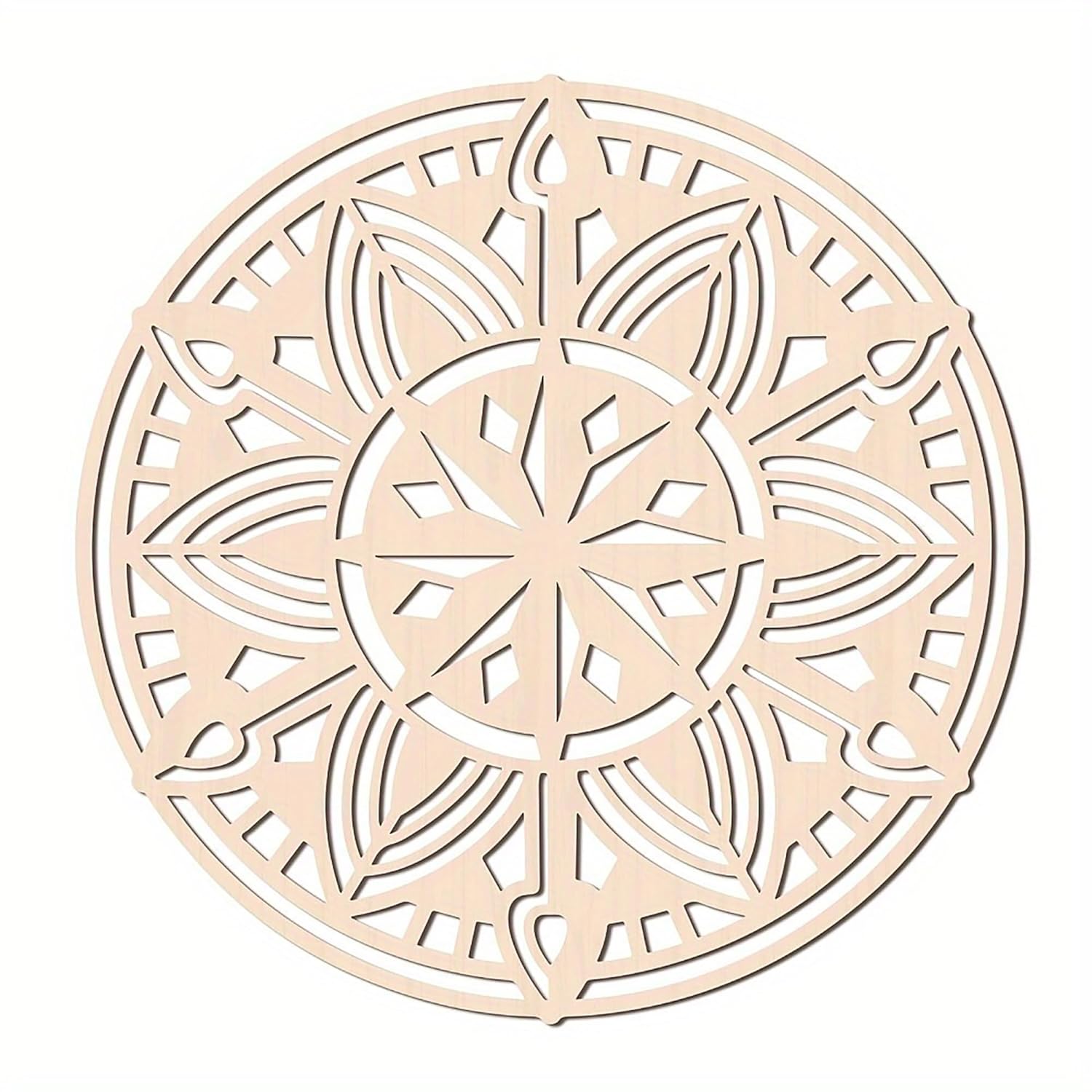 Wooden decorative mandala with intricate cut-out patterns on a white background