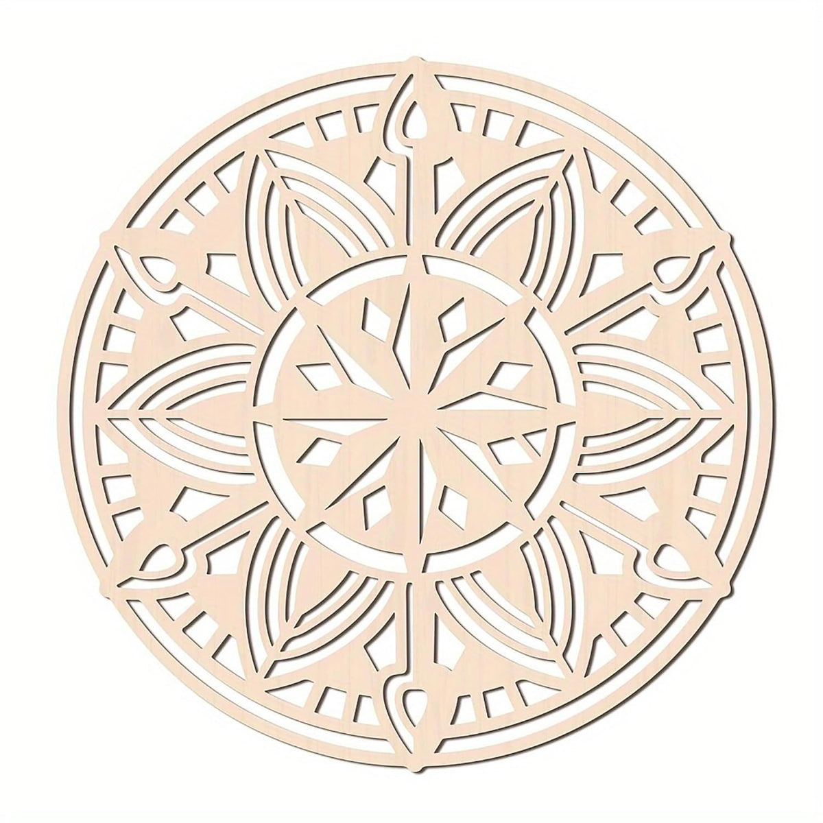 Wooden decorative mandala with intricate cut-out patterns on a white background