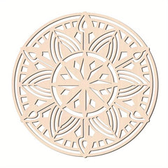 Wooden decorative mandala with intricate cut-out patterns on a white background