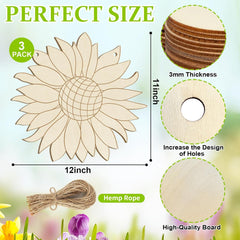 Wooden sunflower-shaped cutout with measurements and details on a floral background
