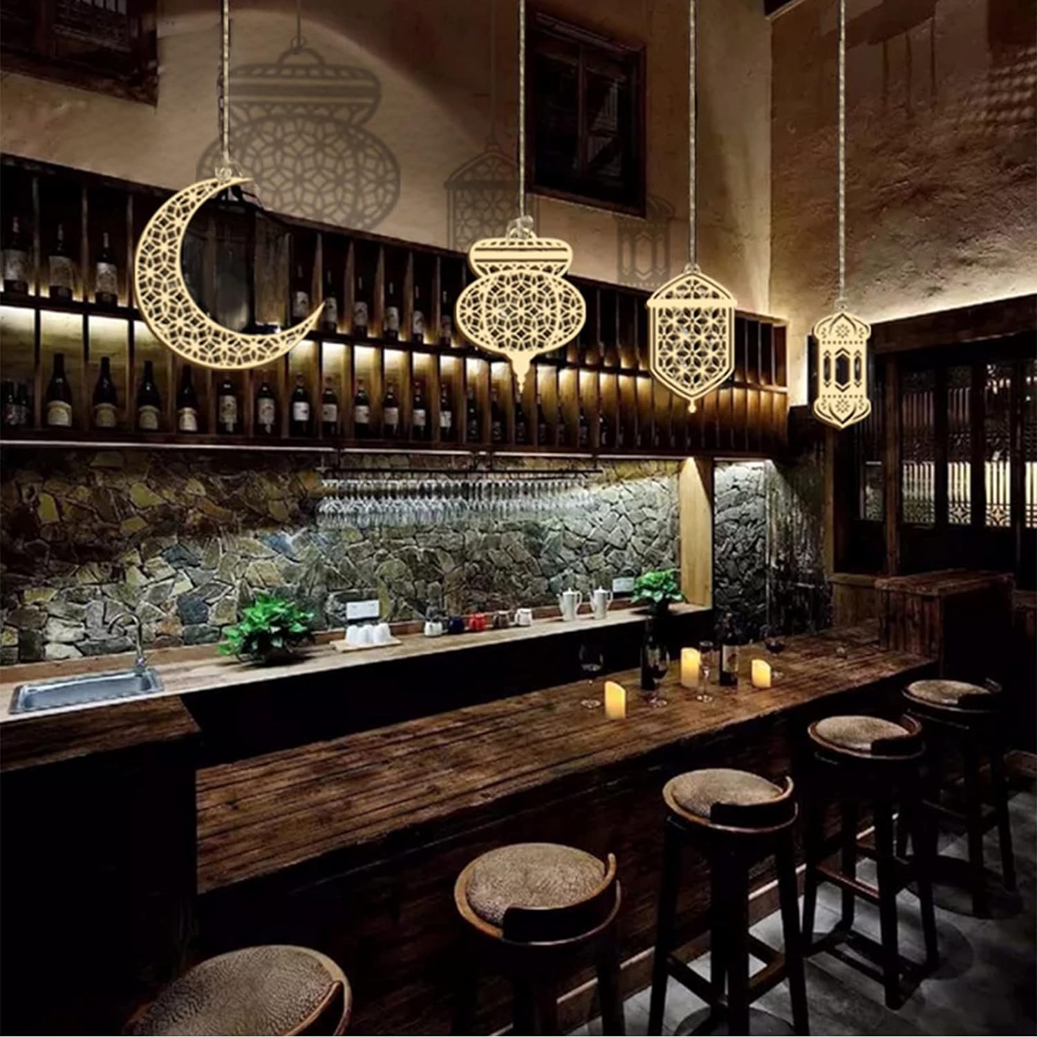 Bar interior with wooden counter, stools, and decorative hanging lights.