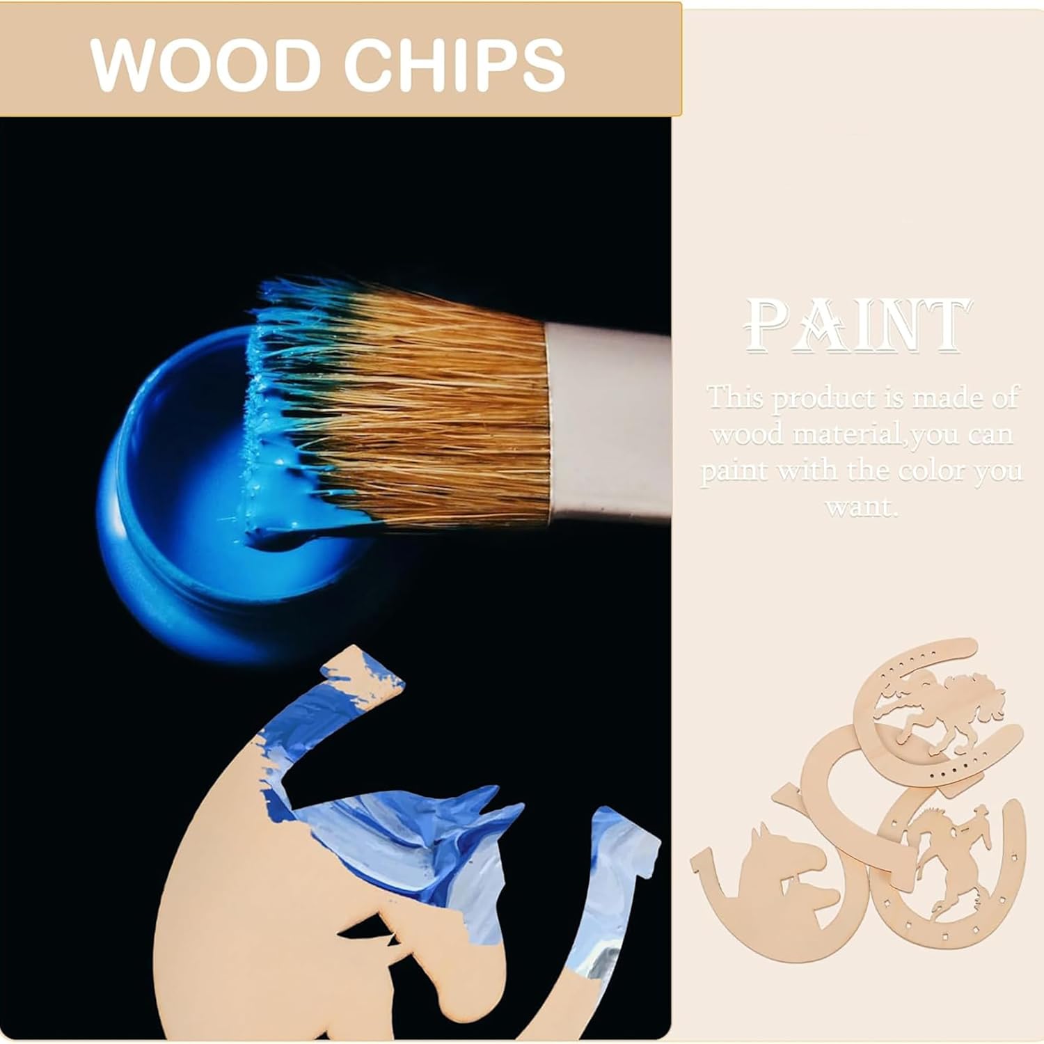 Blue paint with a brush, wooden letters, and text about wood chips and paint.