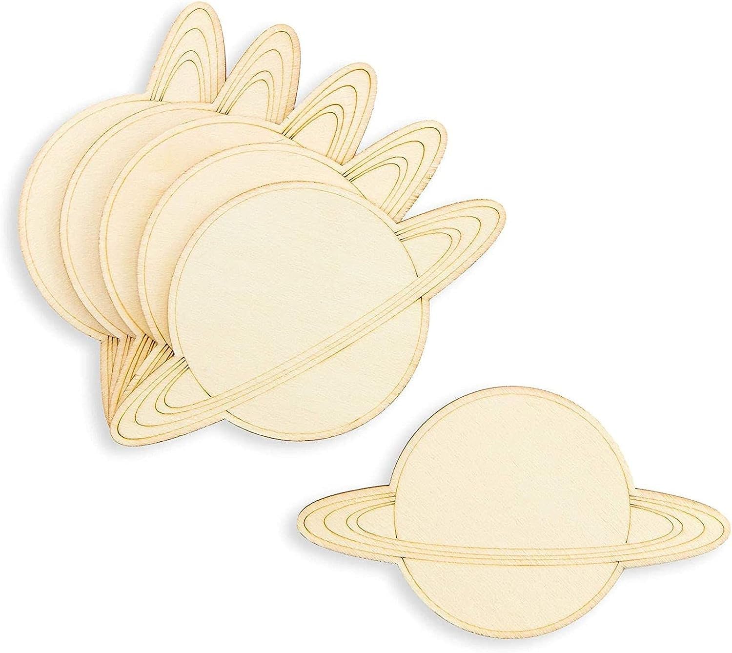 Set of Saturn-shaped wooden cutouts on a white background