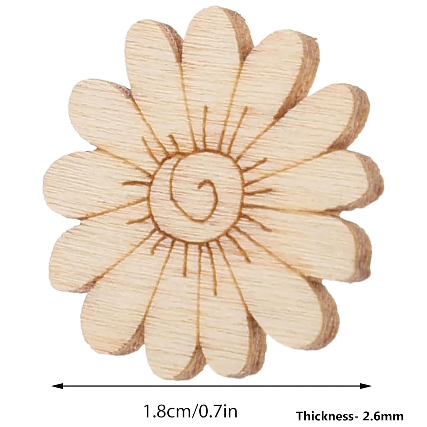 Wooden flower-shaped coaster with measurements on a white background