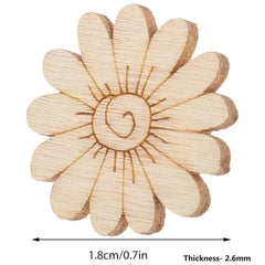 Wooden flower-shaped coaster with measurements on a white background
