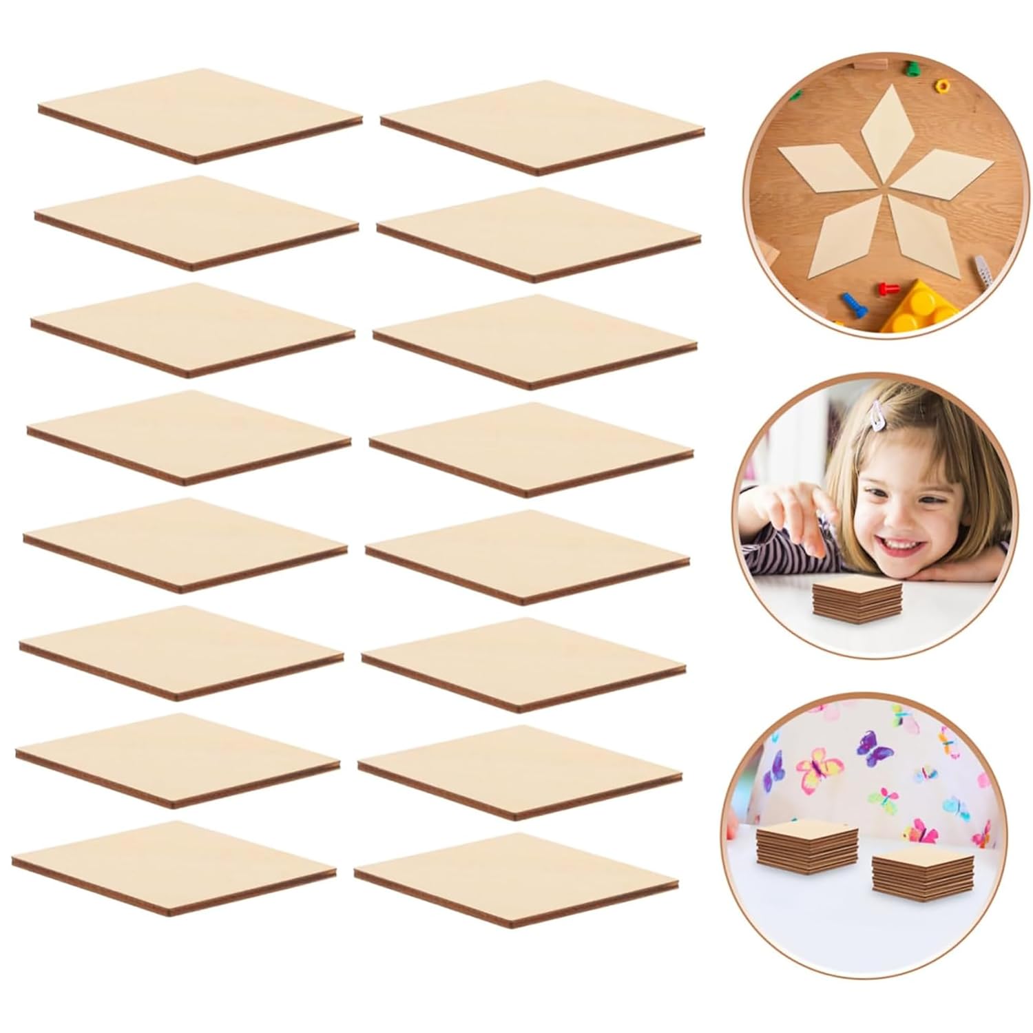Set of wooden square tiles with examples of projects and a child using them.