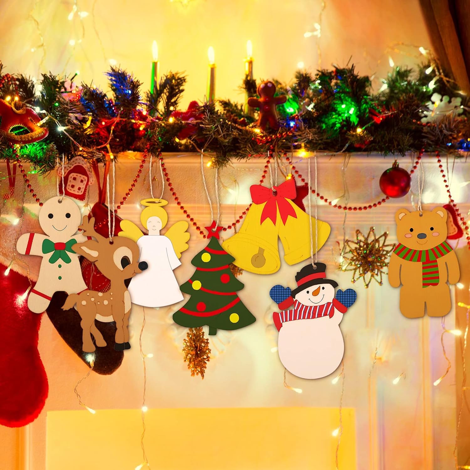Decorative Christmas ornaments hanging on a mantel with lights and garlands.