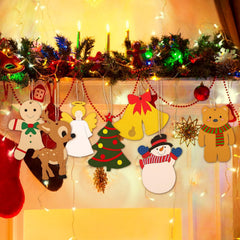 Decorative Christmas ornaments hanging on a mantel with lights and garlands.