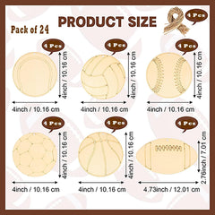 Product size chart for a pack of 24 items with various shapes and dimensions.