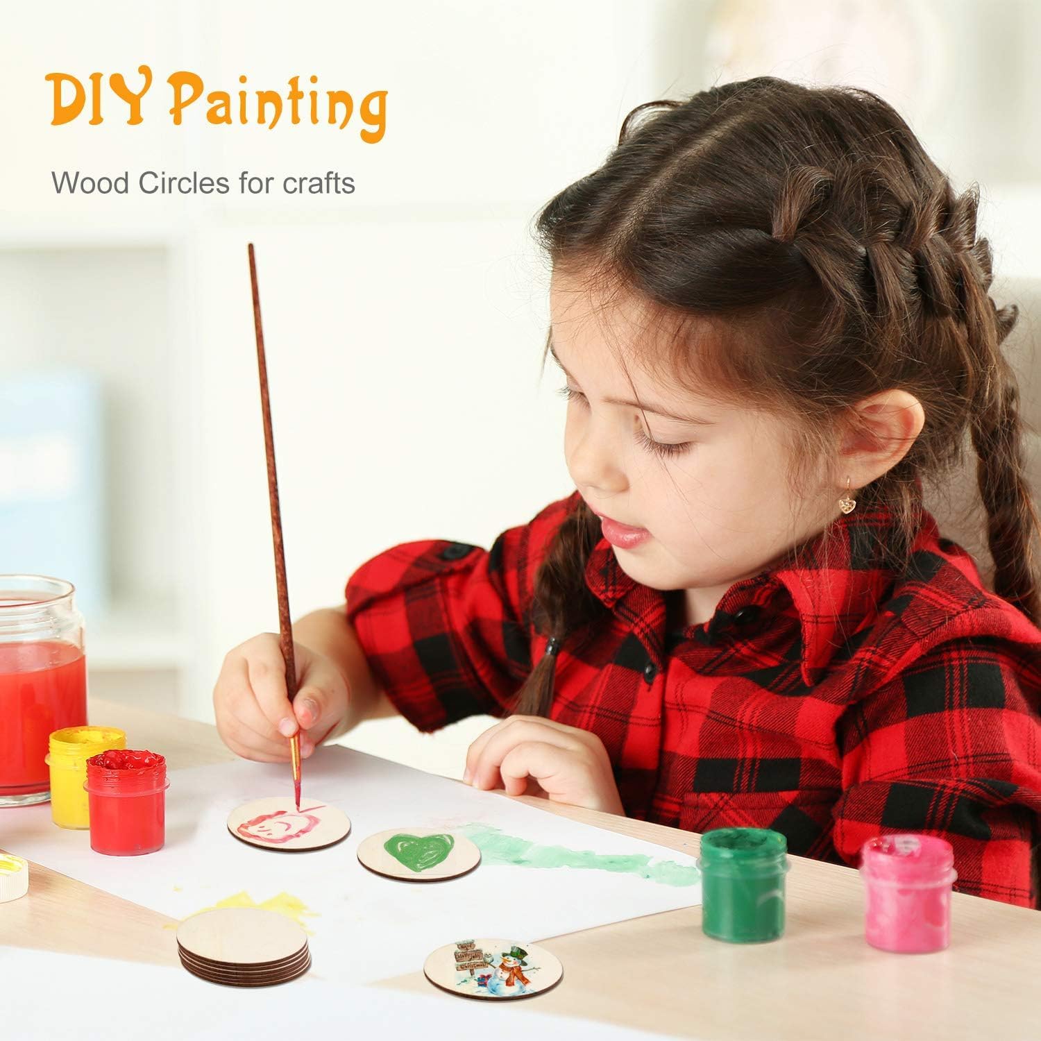 Child painting wooden circles with colorful paint, text 'DIY Painting Wood Circles for crafts' above.
