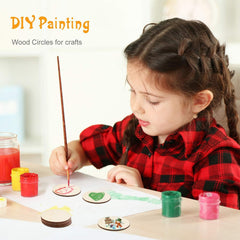 Child painting wooden circles with colorful paint, text 'DIY Painting Wood Circles for crafts' above.