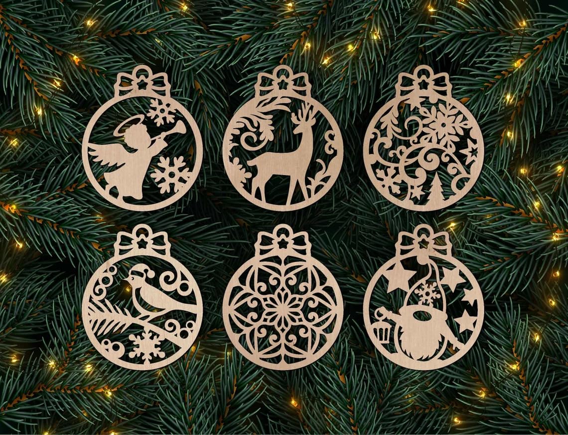 Set of six decorative Christmas ornaments on a green pine branch background with lights.