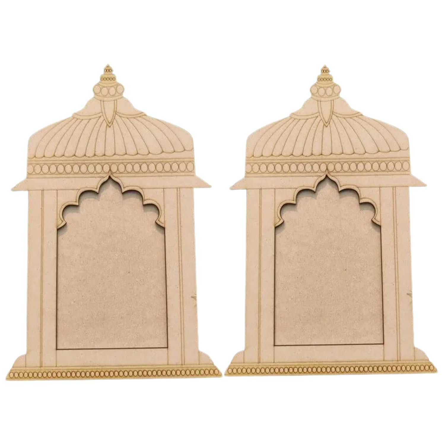 Two beige decorative wall pieces with intricate designs on a white background