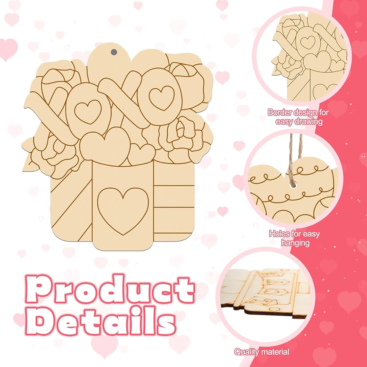 Wooden product with heart designs on a pink background