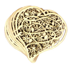 Stack of wooden heart-shaped cards with intricate cut-out patterns on a white background