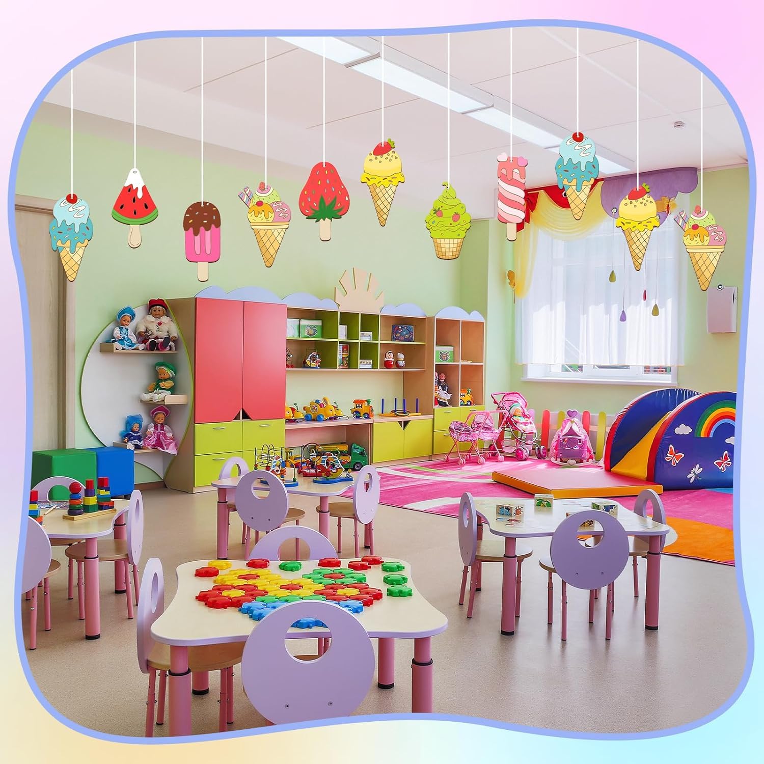 Colorful classroom with children's furniture and toys