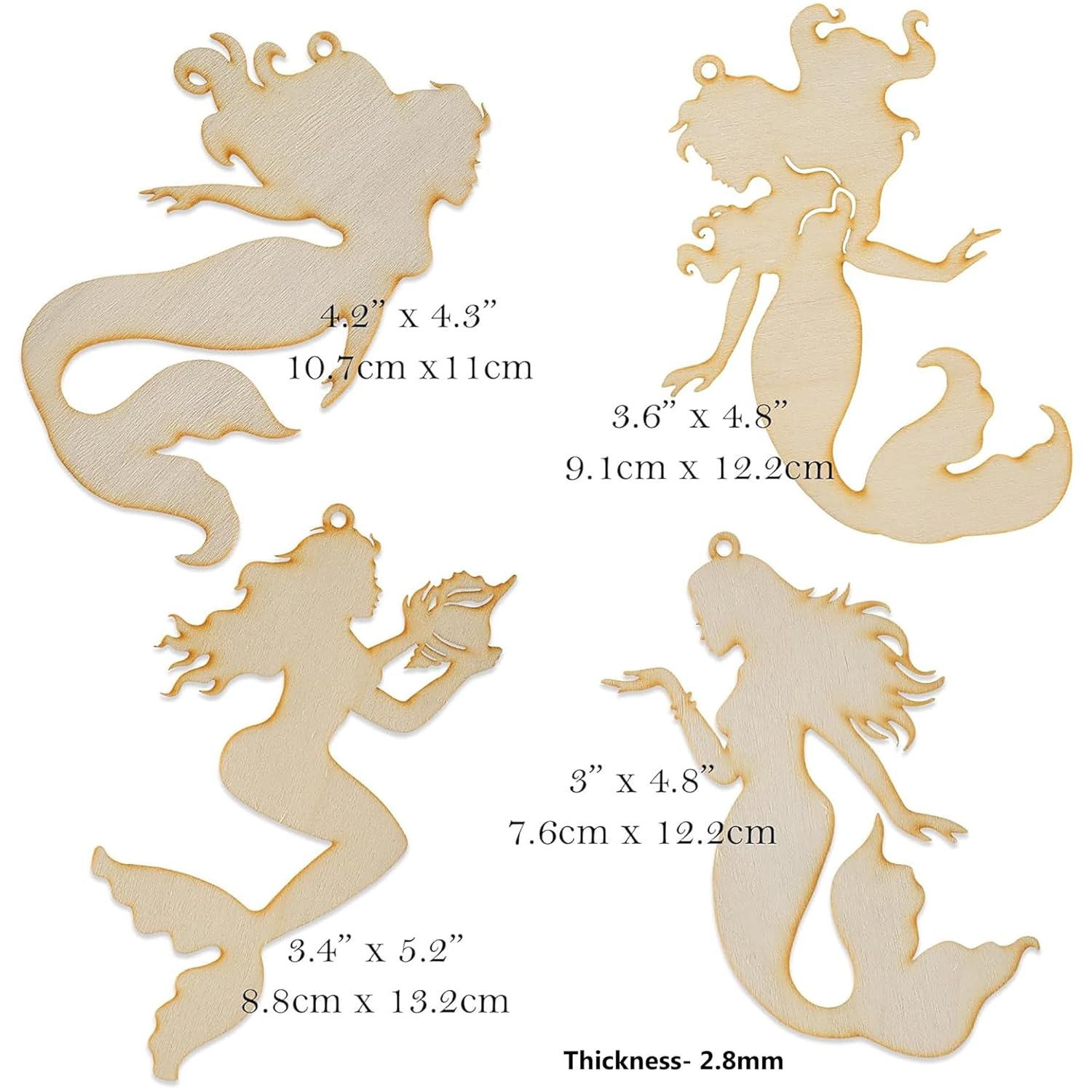 Set of mermaid-shaped wooden cutouts with measurements on a white background