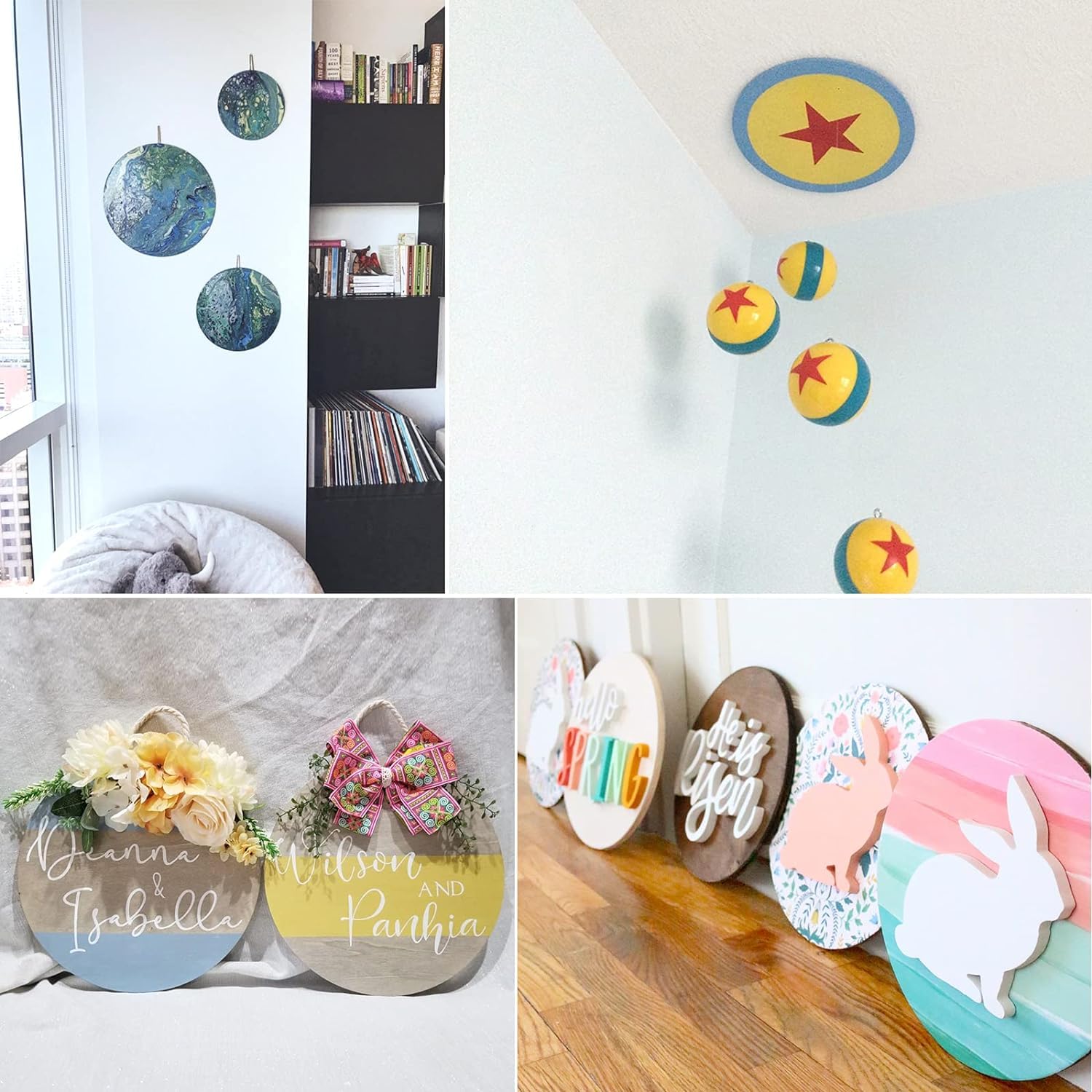 Collage of decorative items including hanging planets, wall art with colorful designs, and personalized name plates.