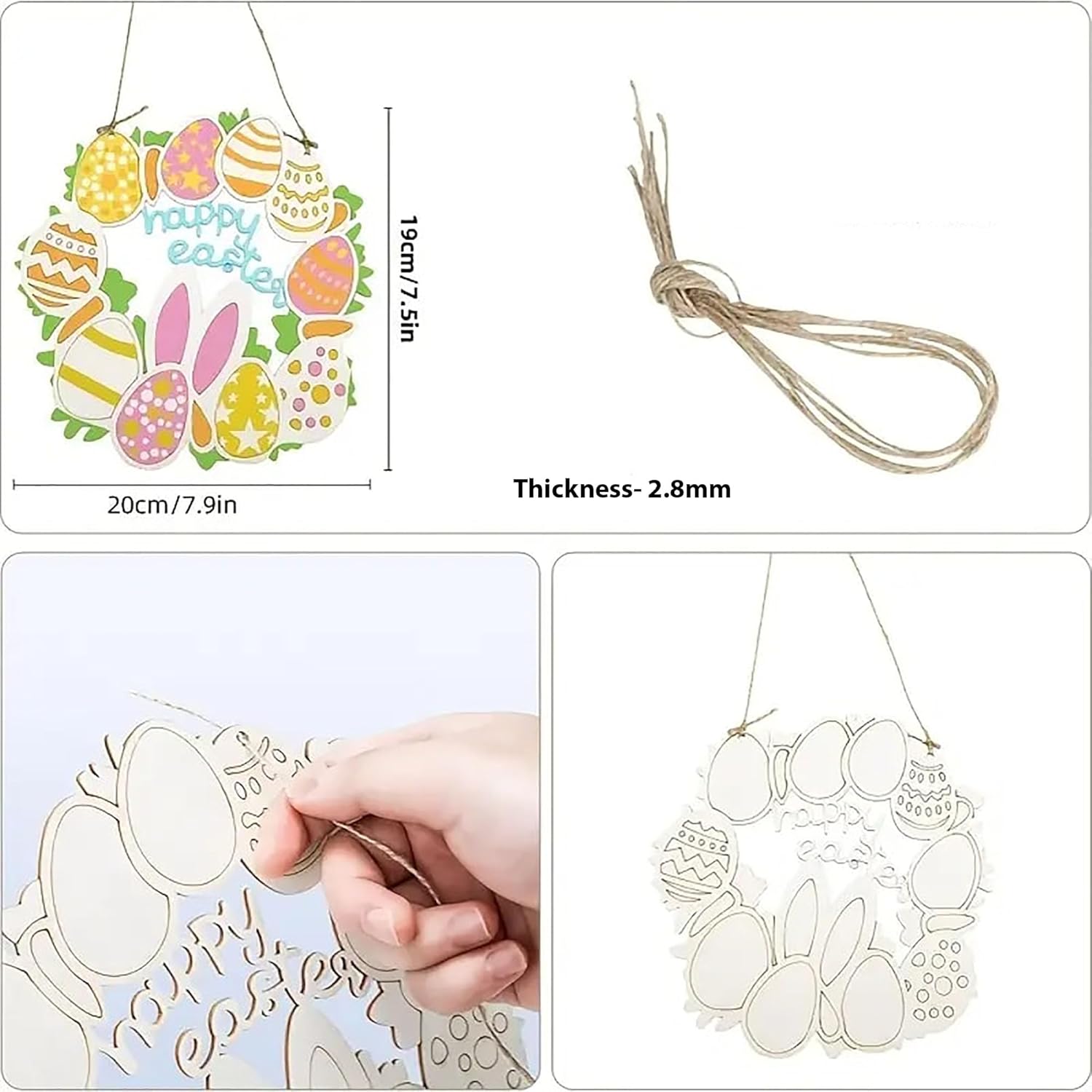 Decorative Easter sign with measurements and a string, held by a hand.