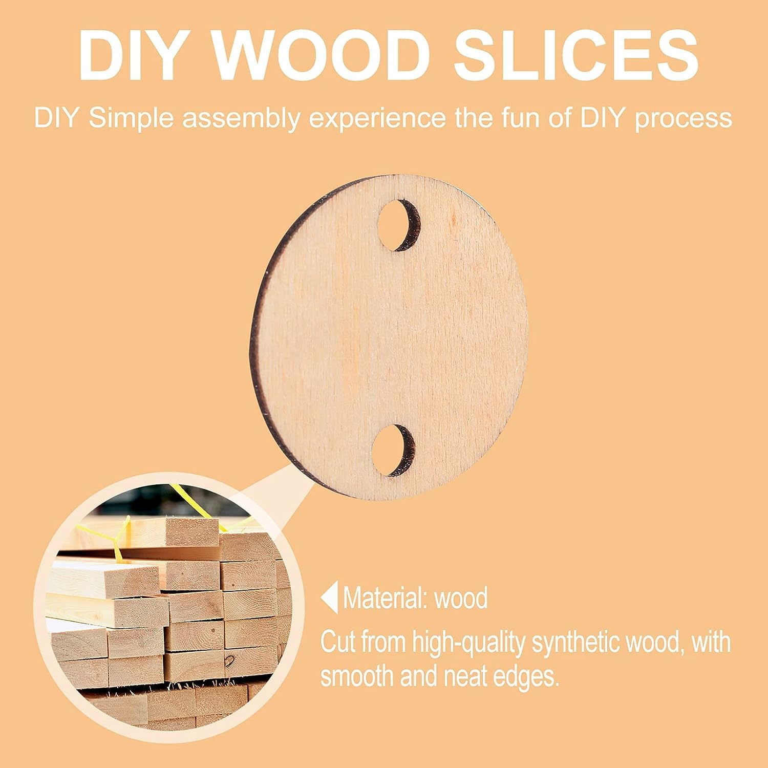 Wooden slice with cutout on a beige background, promoting DIY wood slices.