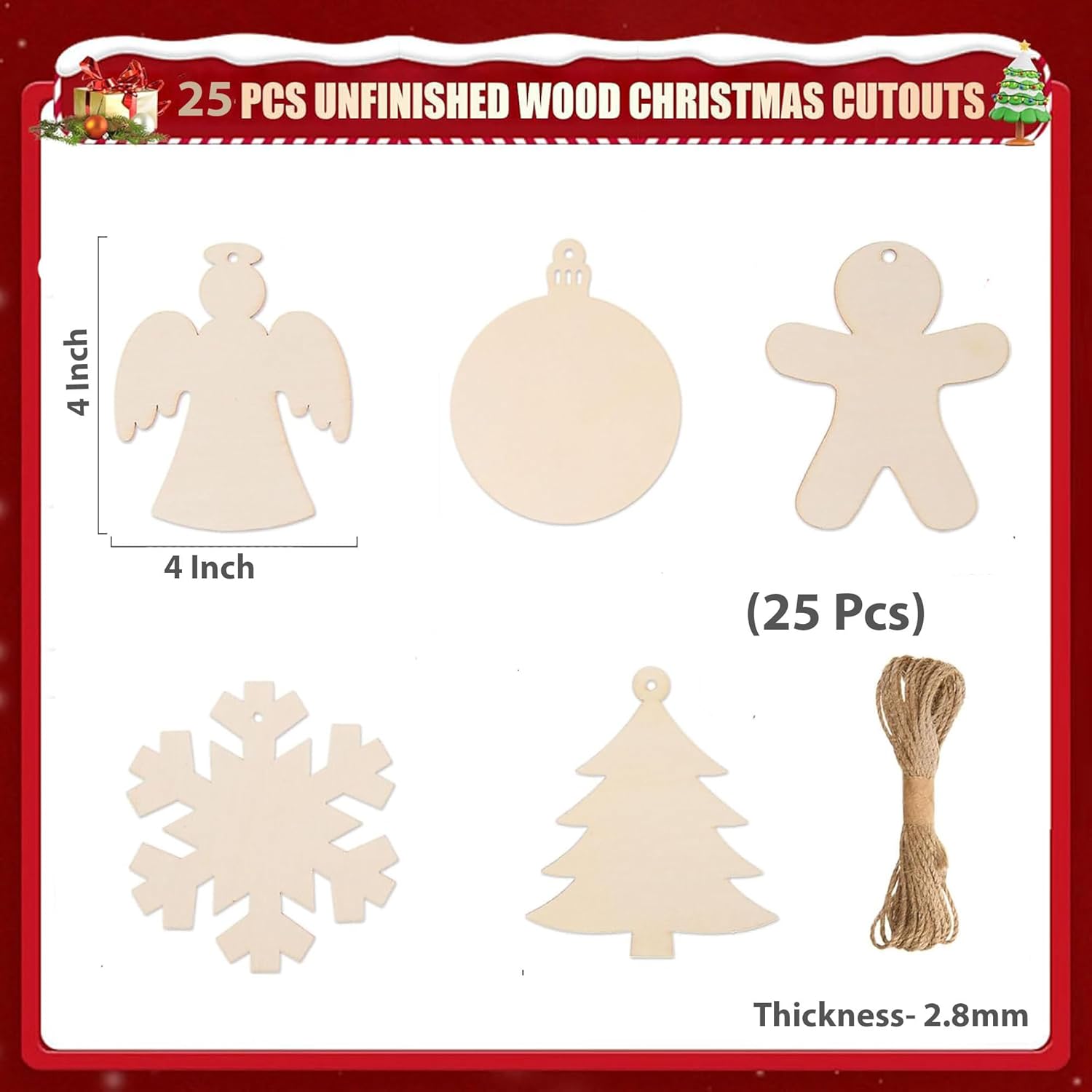 Set of 25 unfinished wood Christmas cutouts with measurements and description on a white background.