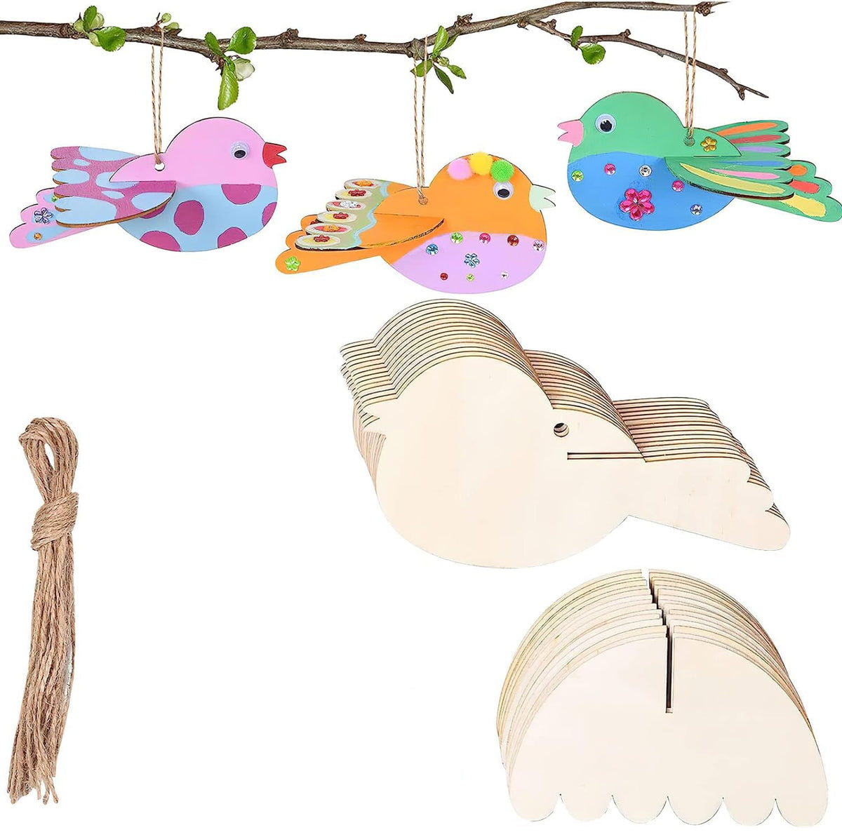 Colorful bird-shaped wooden decorations with string on a white background