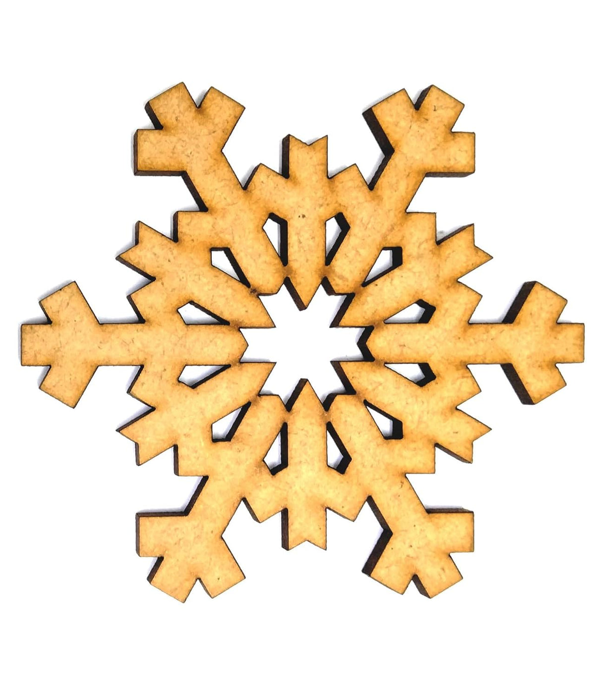 Wooden snowflake cutout on a white background