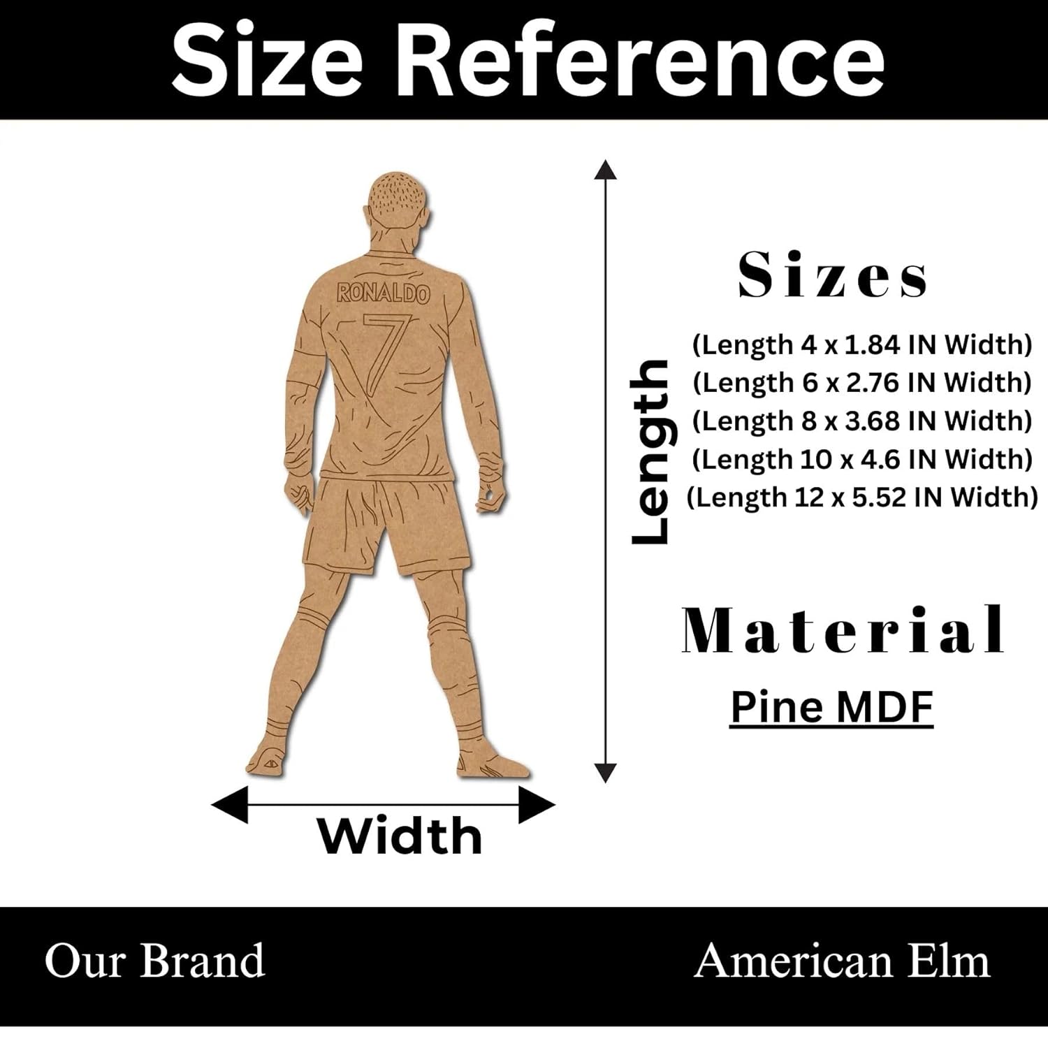 Size reference chart for a wooden figure with dimensions and material details.