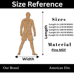 Size reference chart for a wooden figure with dimensions and material details.