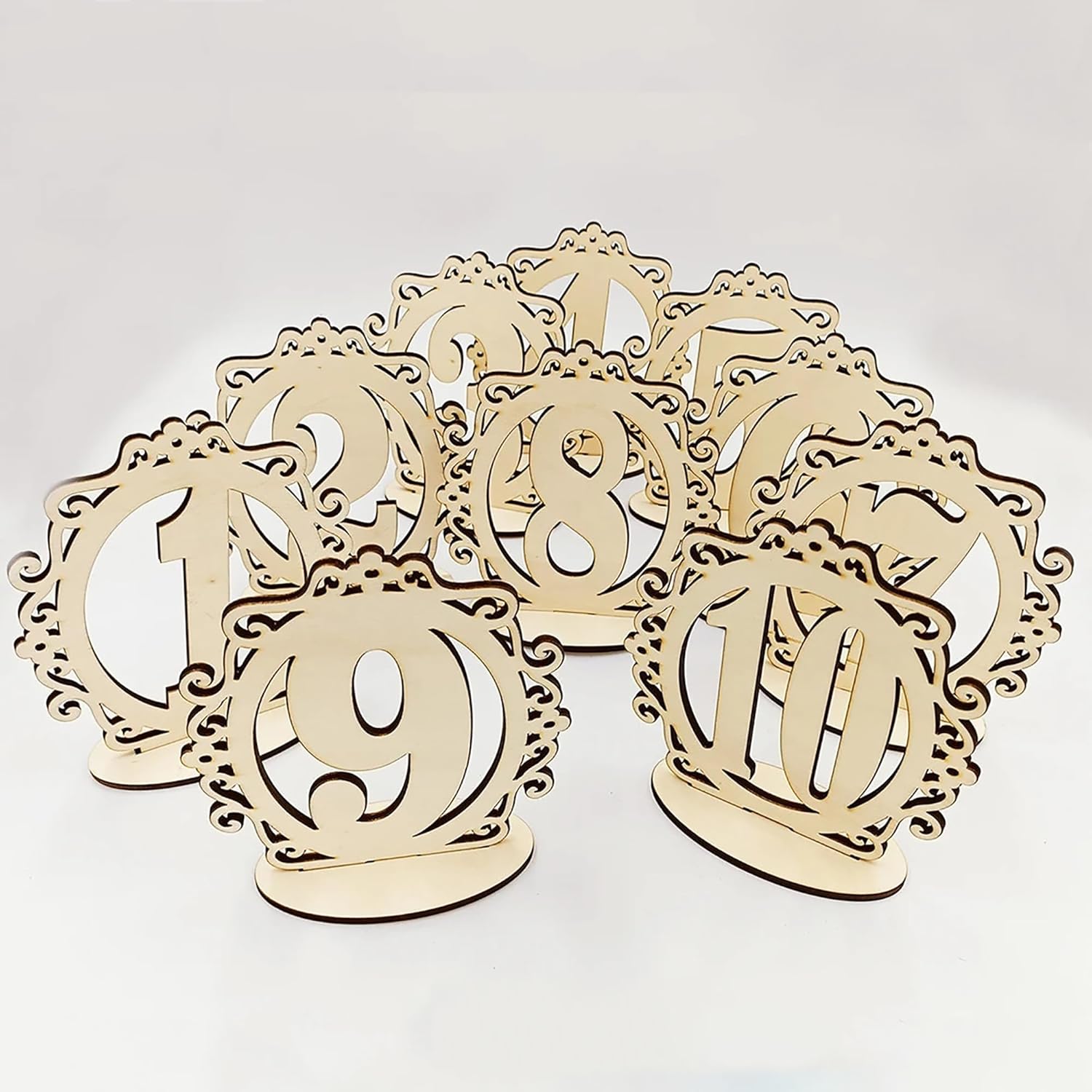 Set of decorative wooden table numbers on a white background