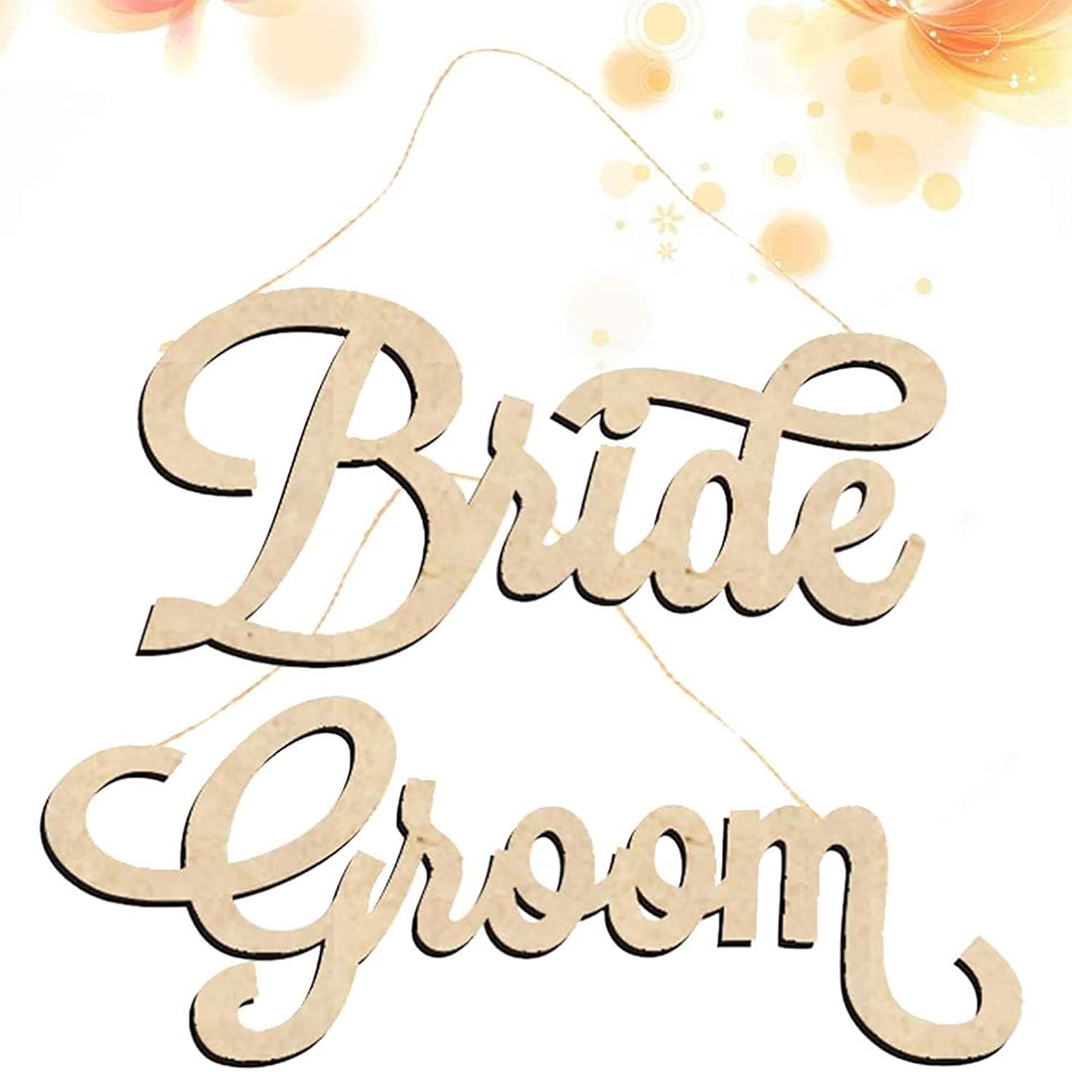 Wooden 'Bride' and 'Groom' signs hanging against a light background with floral elements.