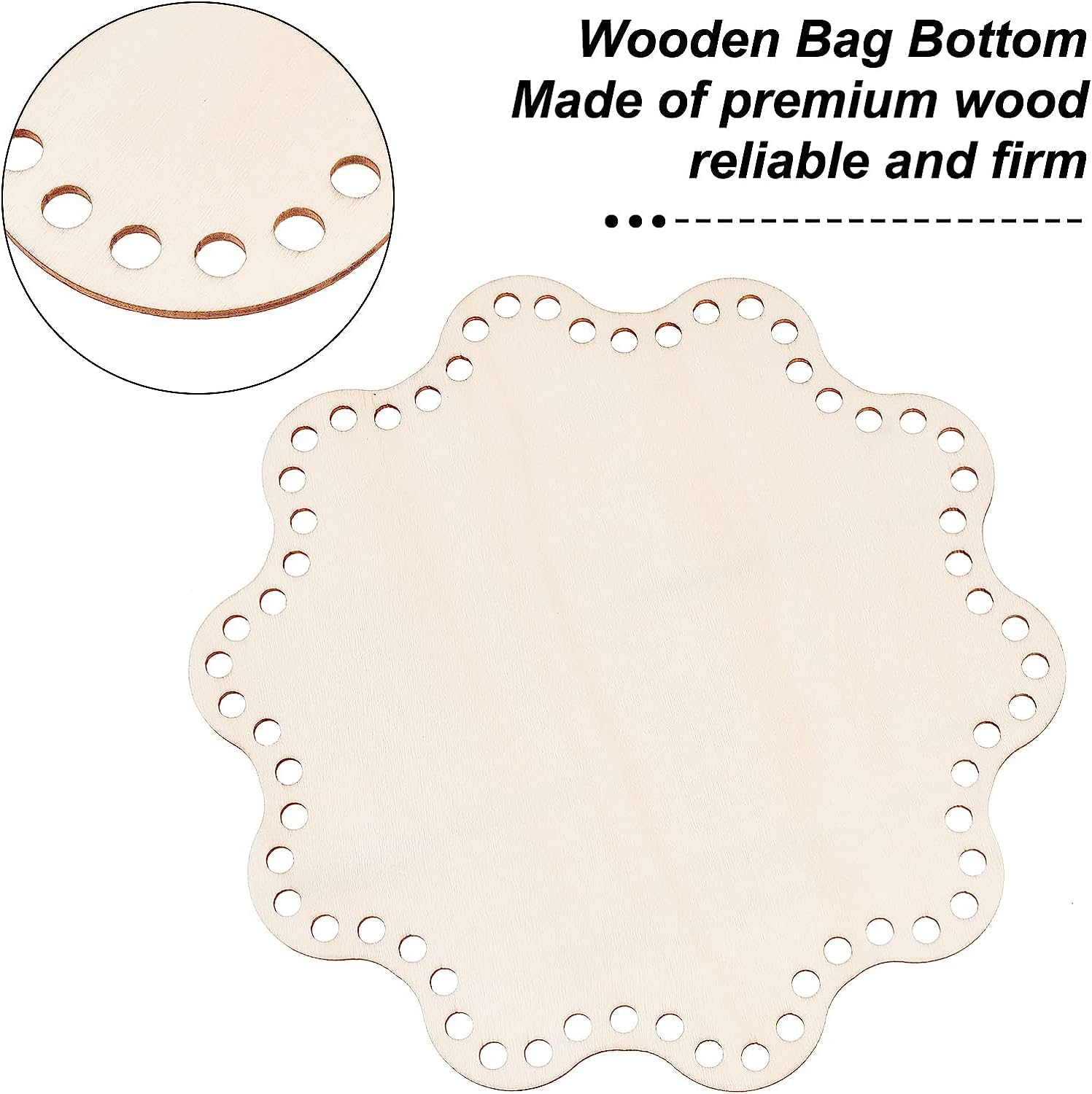 Wooden bag bottom with decorative holes on a white background