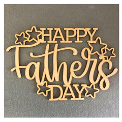 Wooden decorative sign with 'Happy Father's Day' text on a gray background