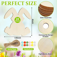 Wooden bunny shapes with measurements and materials listed on a colorful background