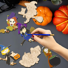 Cliths 12pcs Wooden Witch Ornaments for DIY Crafts Halloween Wood Slices