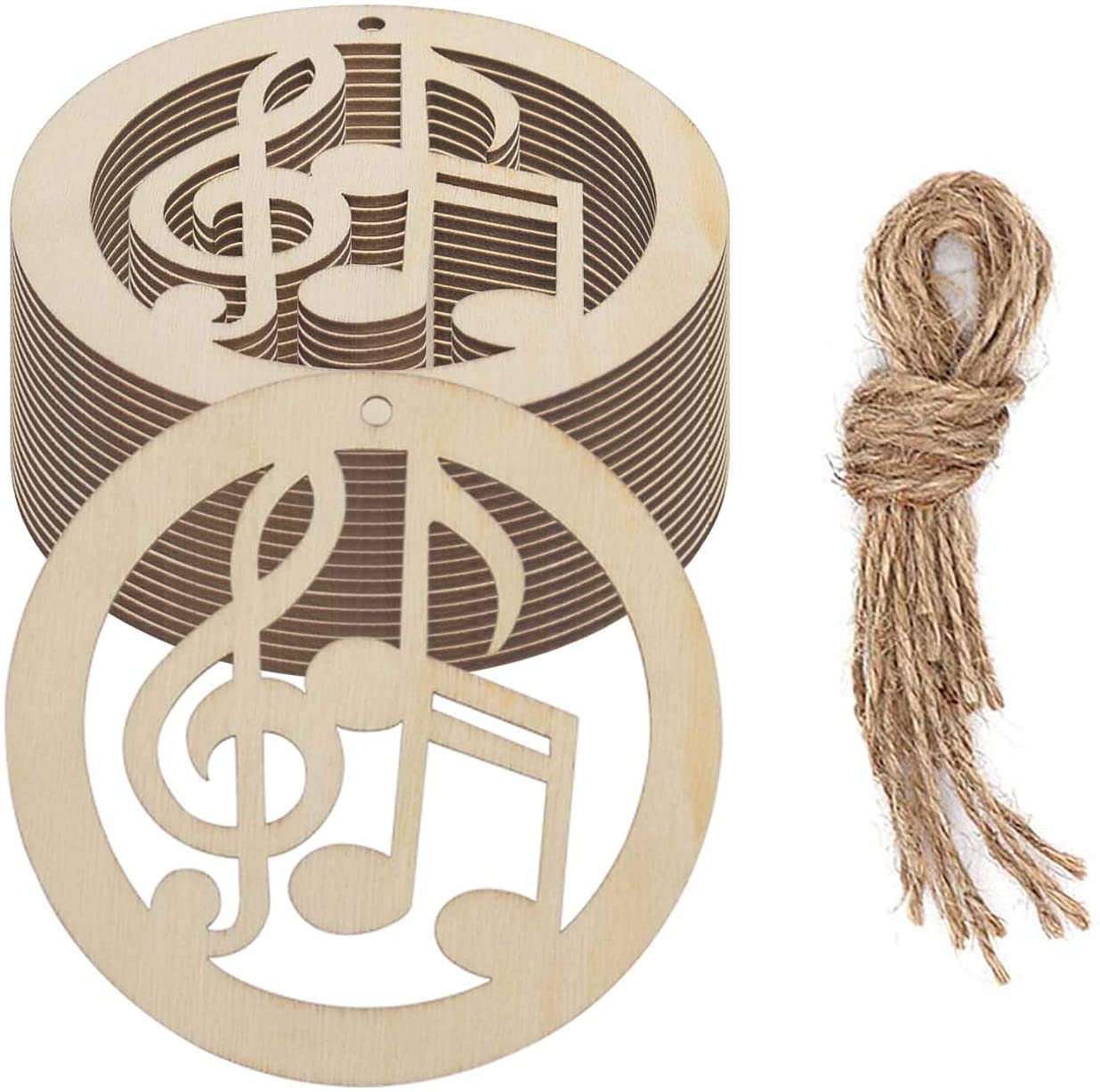 Wooden music note cutouts with twine on a white background