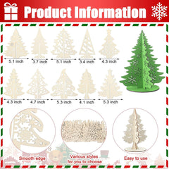 Set of wooden Christmas trees with measurements and features on a festive border.