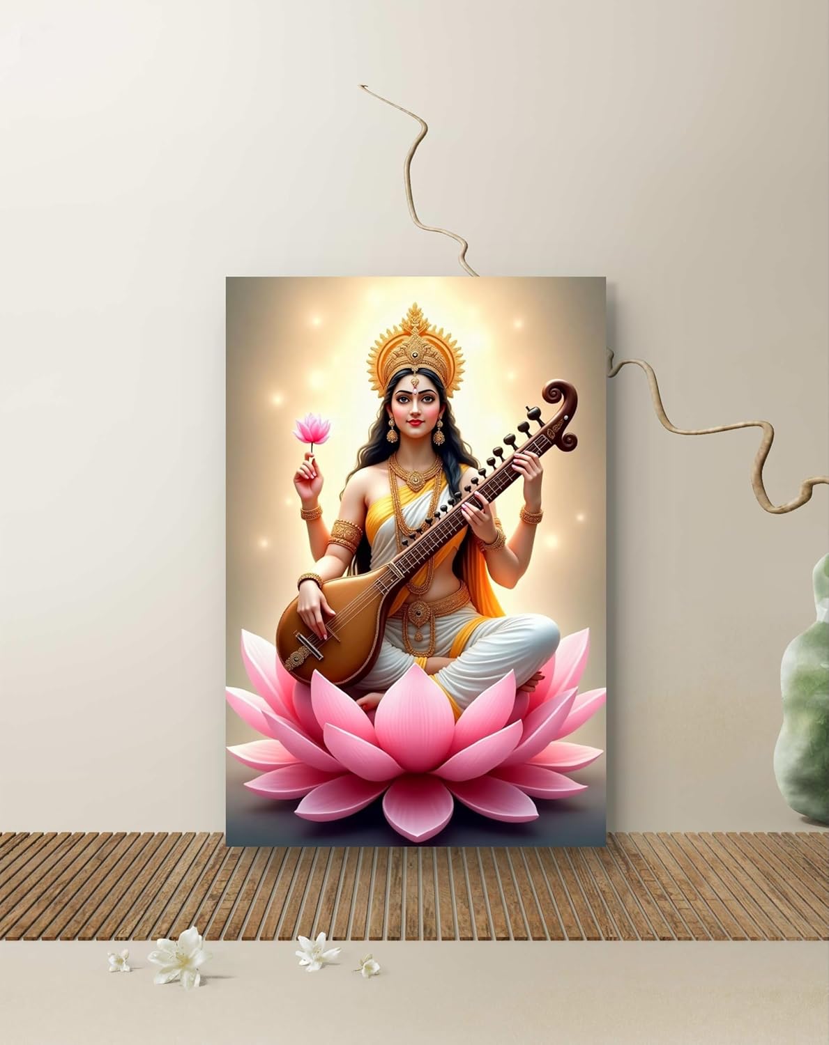 Canvas print of a deity playing a stringed instrument on a pink lotus with a white background