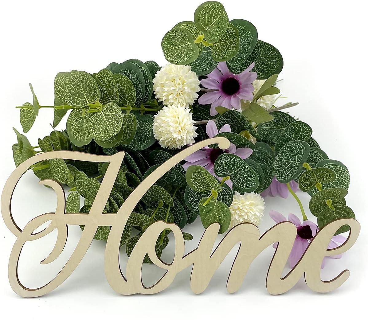 Decorative sign with 'Home' and floral elements on a white background