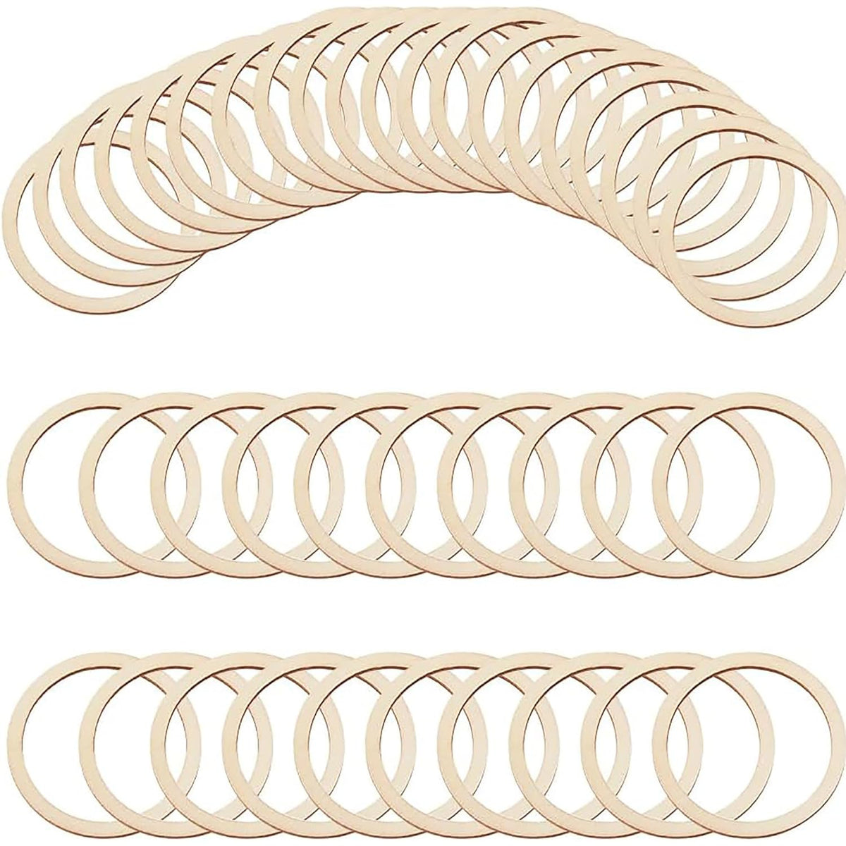 Multiple wooden rings arranged in a curved pattern on a white background