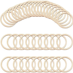Multiple wooden rings arranged in a curved pattern on a white background