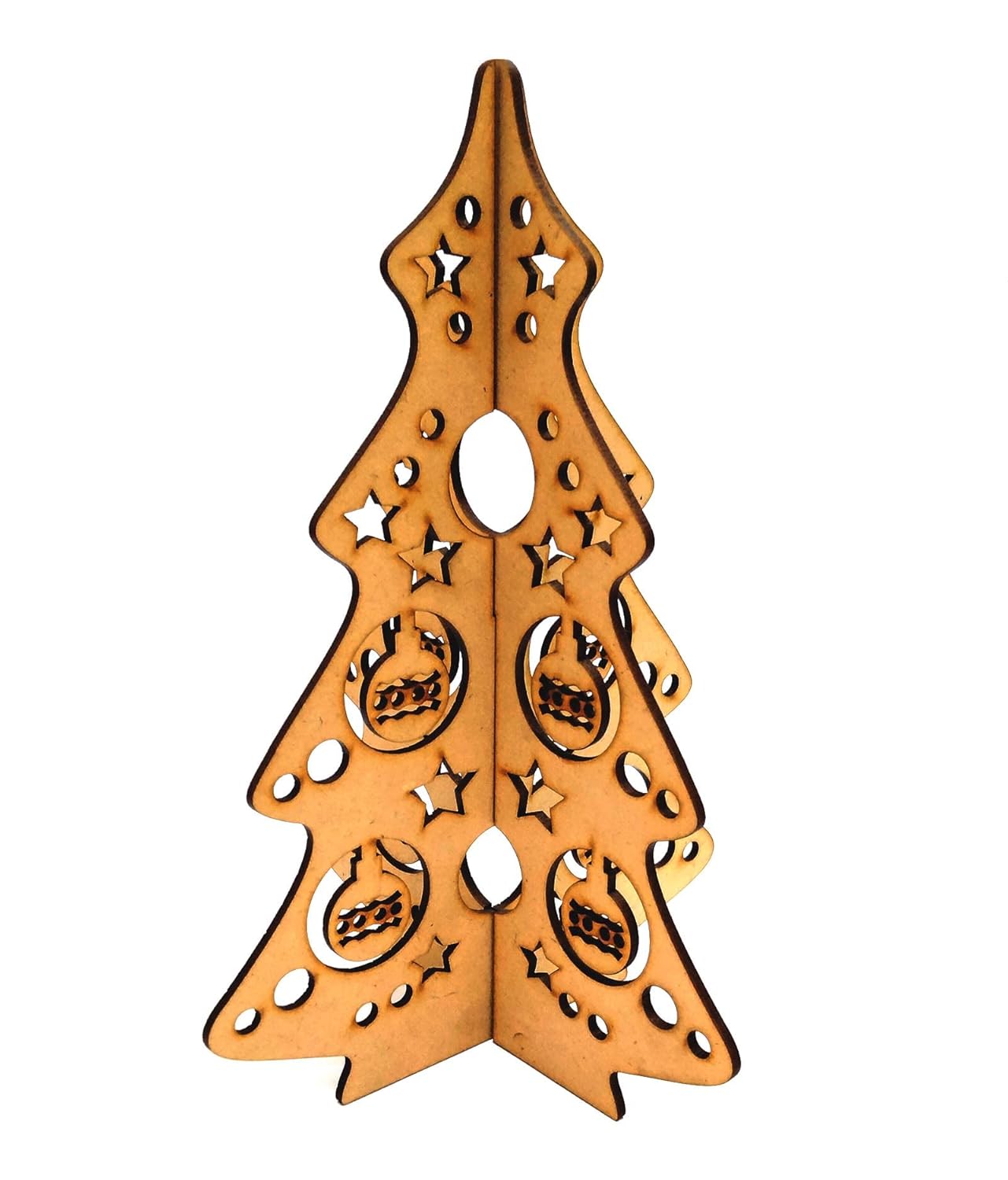 Wooden Christmas tree decoration with cut-out designs on a white background