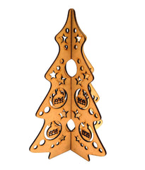Wooden Christmas tree decoration with cut-out designs on a white background