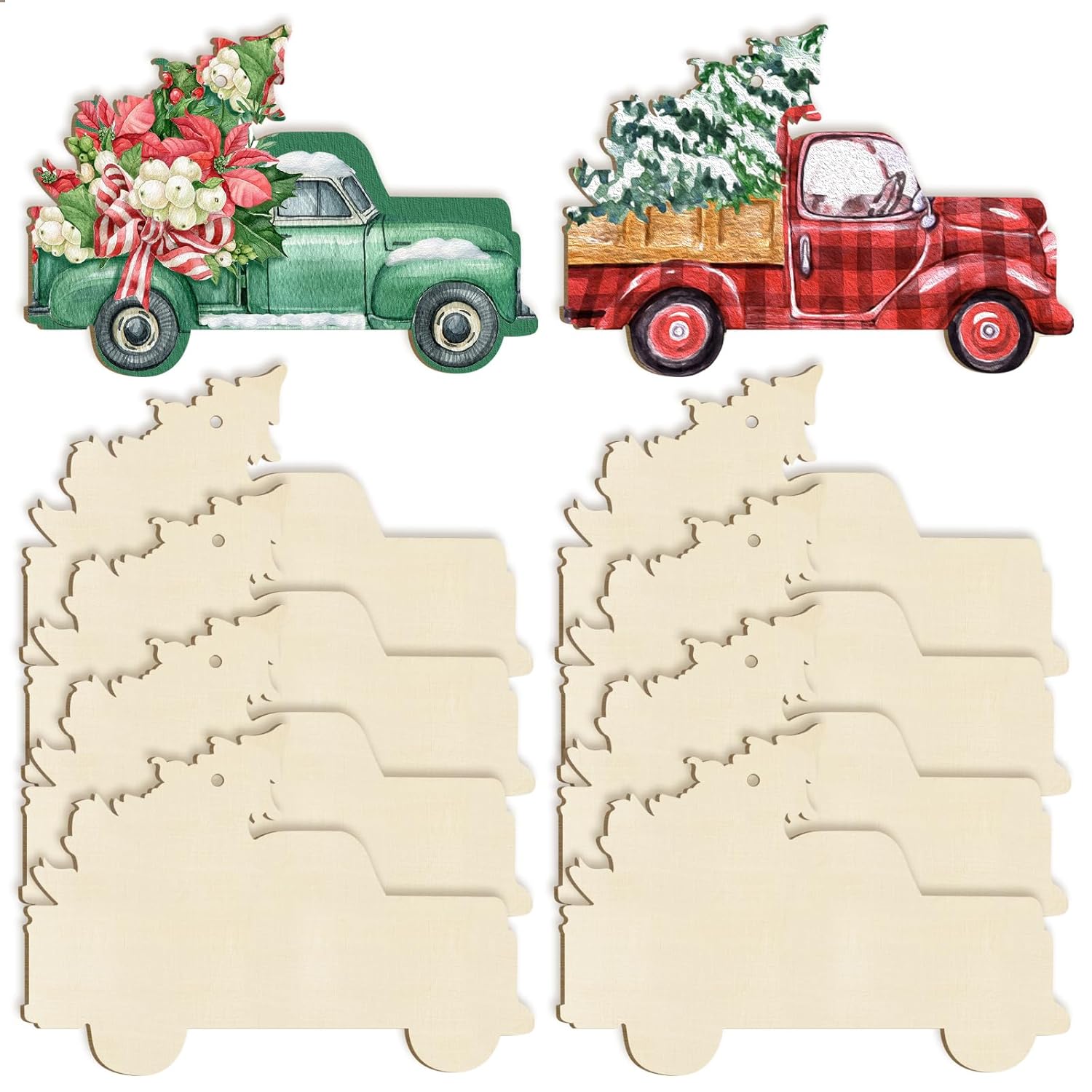 Decorative Christmas tree cutouts with festive trucks on a white background