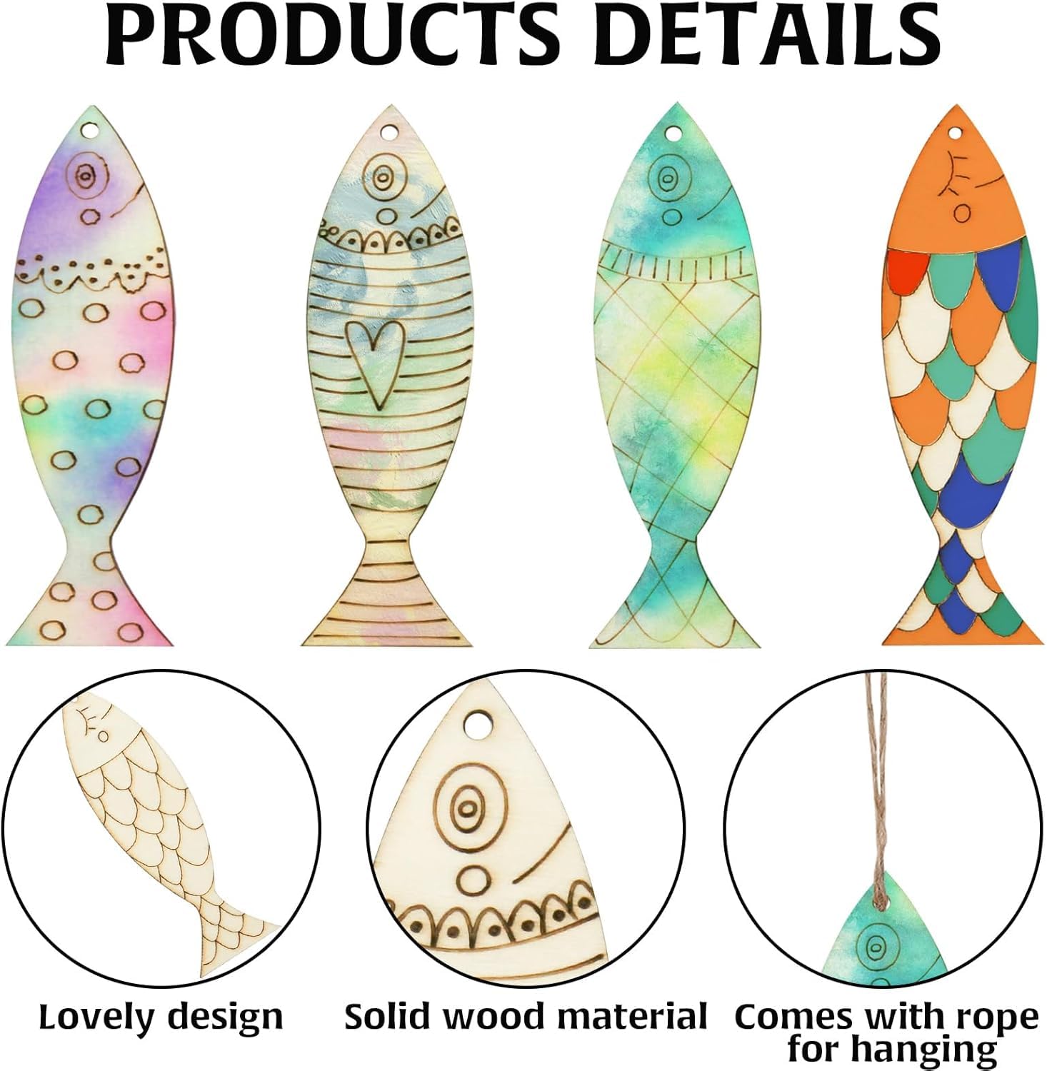 Colorful fish-shaped wooden decorations with detailed patterns and text describing features.