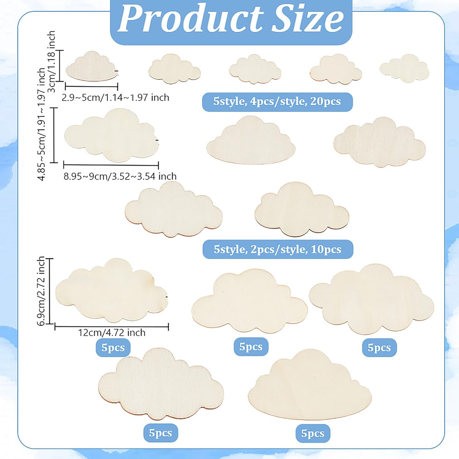 Product size chart with cloud-shaped items and their dimensions on a blue background.