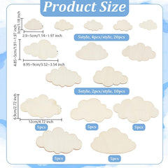 Product size chart with cloud-shaped items and their dimensions on a blue background.
