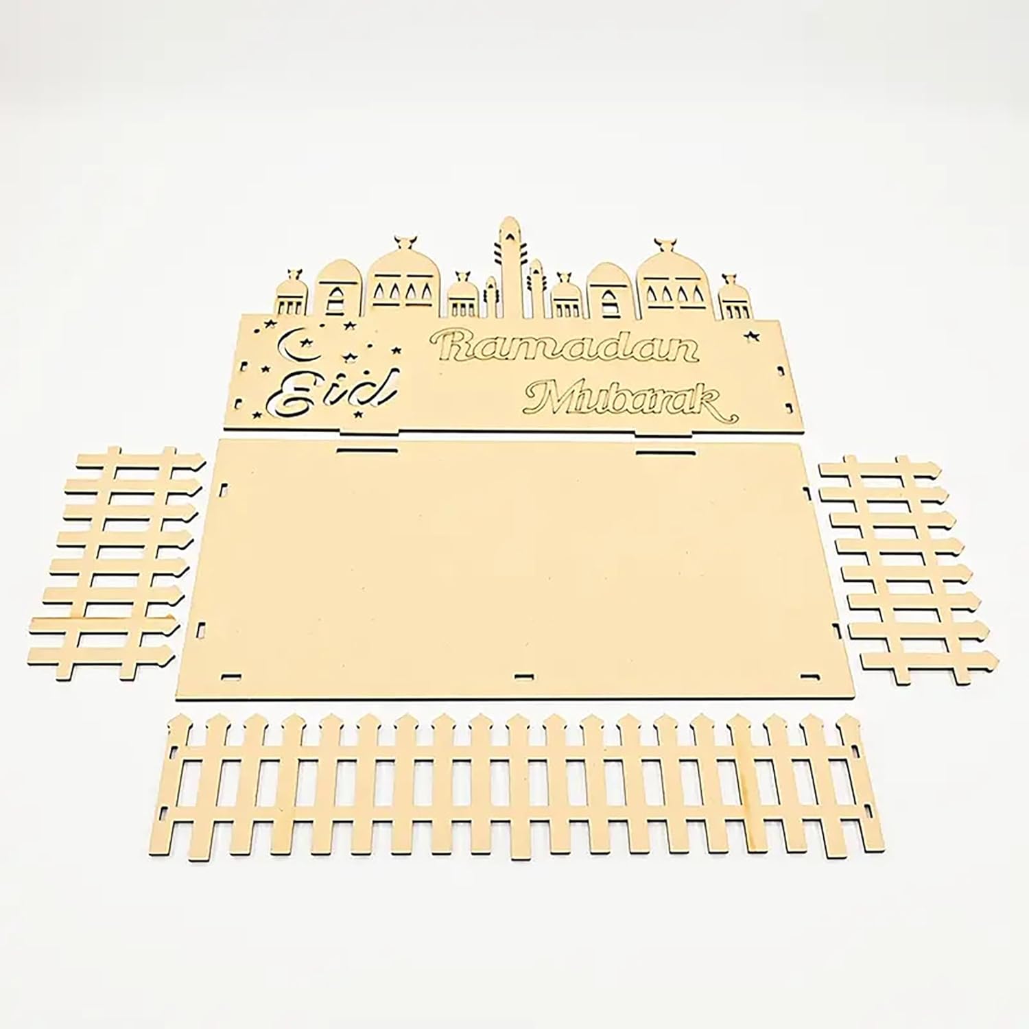 Wooden Eid Mubarak decorative item with lattice design on a white background